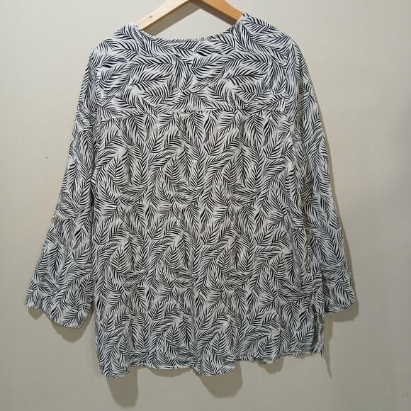 Tahari Shirt Womens 1X White Black Linen Leaf Print Button Front Tunic Top - Picture 4 of 13